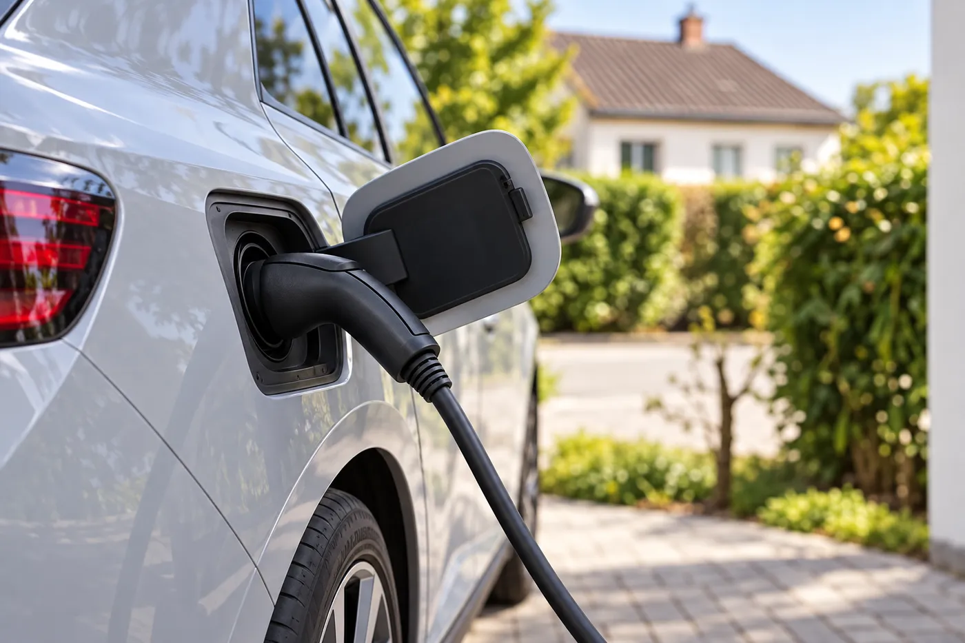 Câble de recharge mode 3 à prise Type 2 branché sur un véhicule électrique devant un pavillon