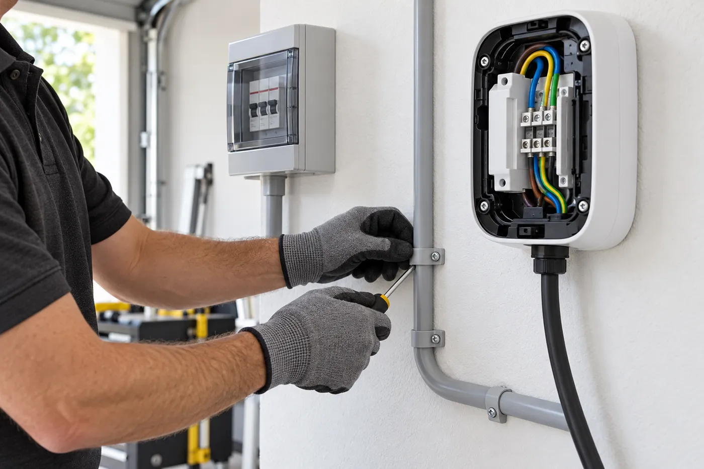 Électricien fixant la gaine de la ligne dédiée jusqu'à une wallbox ouverte dans un garage